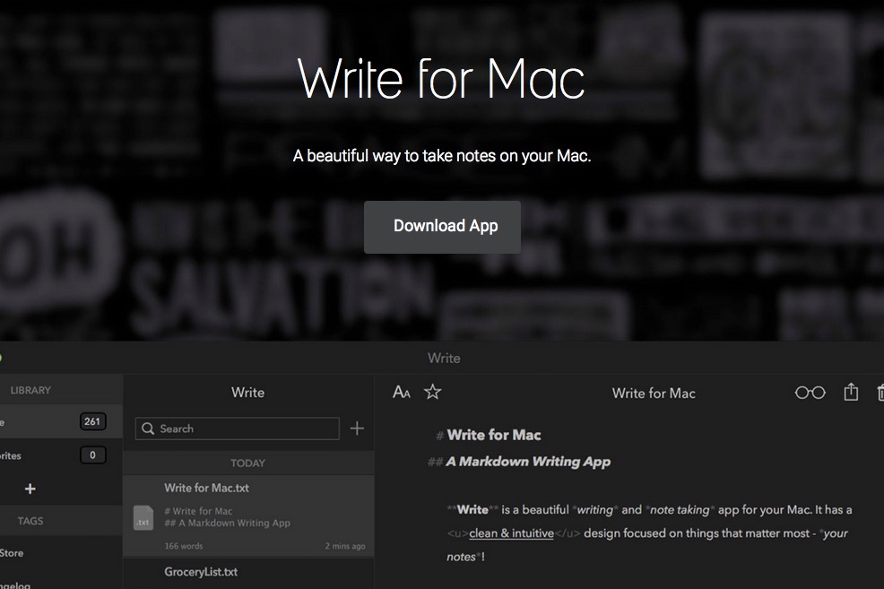 Macアプリ「Write」のホームページのスクリーンショット